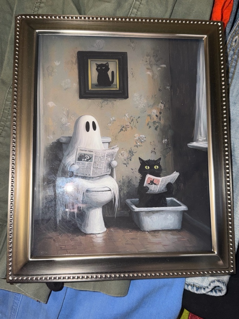 Ghost and Cat Bathroom Art Print - Black/Cream Framed Wall Art